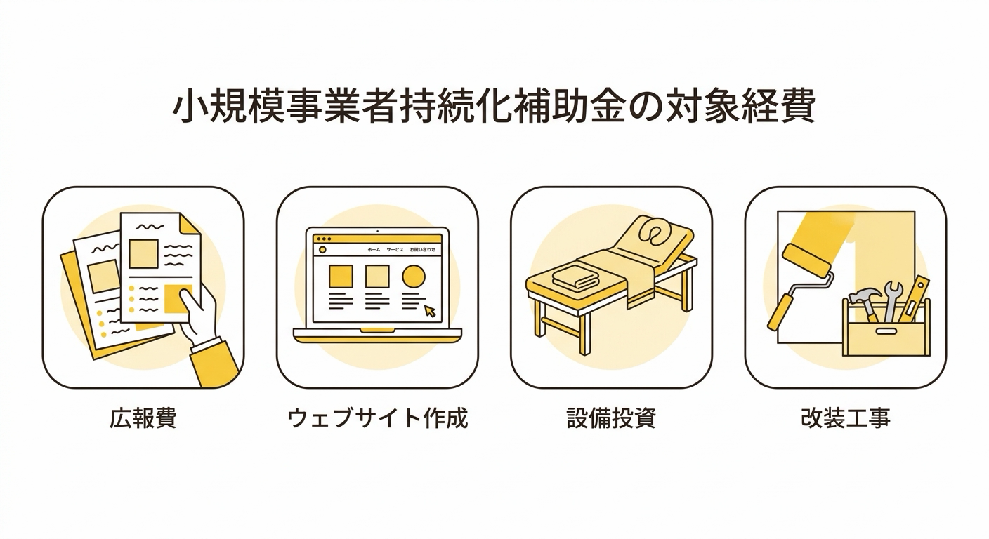 小規模事業者持続化補助金の対象経費(広報費・ウェブサイト作成・設備投資・改装工事)