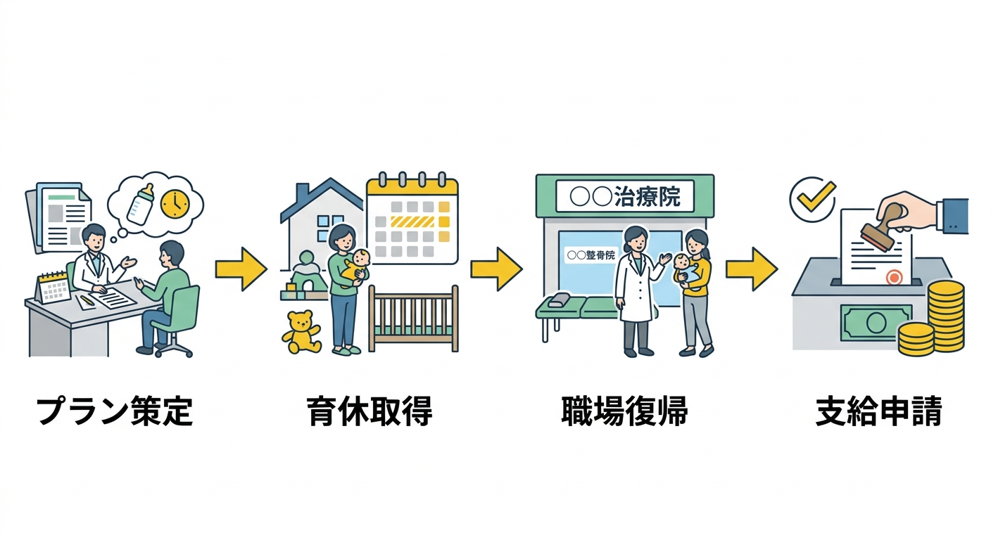 育児復帰支援プラン策定から支給申請までのステップ図