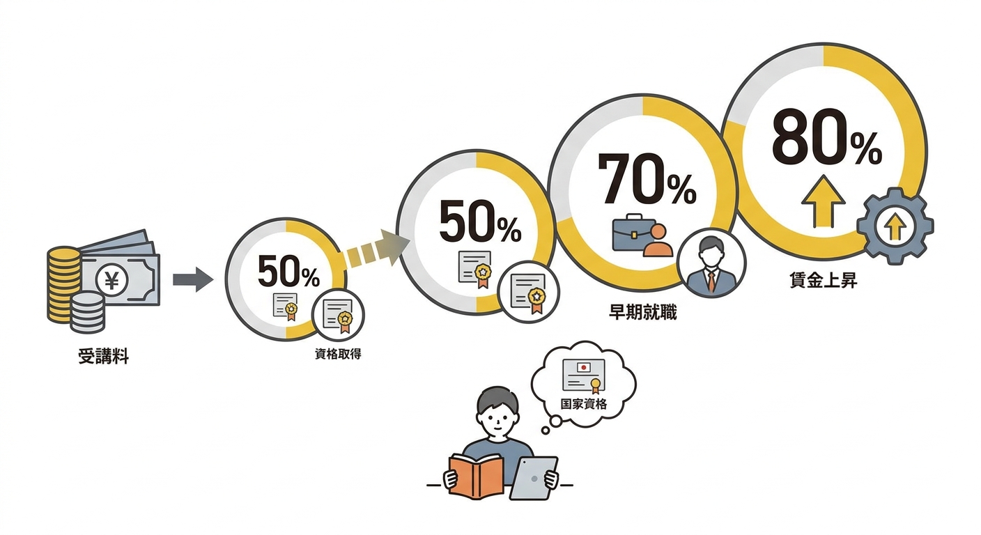 専門実践教育訓練給付金の給付率が資格取得・就職・賃金上昇の段階に応じて50%→70%→80%へ引き上がる仕組みを示したフラットイラスト